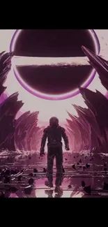 Astronaut in a purple cosmic landscape with futuristic elements.