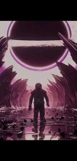 Astronaut in a sci-fi landscape with a large purple planet in the background.