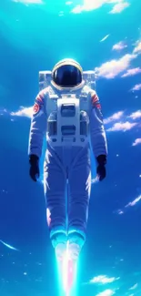 Astronaut soaring in vibrant blue sky on a futuristic mobile wallpaper.