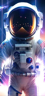 Futuristic astronaut in vibrant space suit with cosmic background.