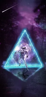 Astronaut entering neon triangle portal in cosmic scene.