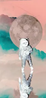 Surreal astronaut with moon in vibrant sky wallpaper.