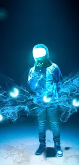 Futuristic astronaut bathed in neon blue light amidst cosmic energy.