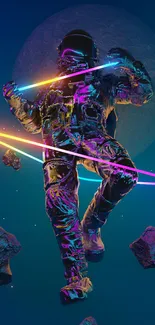 Neon astronaut with cosmic background in deep blue space.