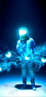 Futuristic astronaut with neon blue glow in digital art.