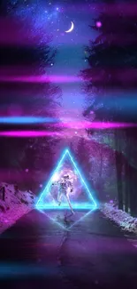 Astronaut under neon triangle in forest at night.