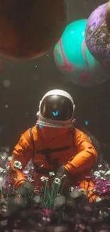 Astronaut in a cosmic garden with colorful planets and butterflies.