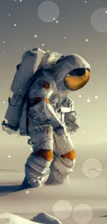 Astronaut standing on a beige alien planet under a misty sky.