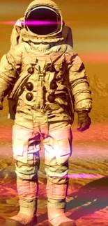 Astronaut stands on Mars in orange glow, futuristic wallpaper.