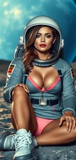 Astronaut in stylish space suit on moon foreground, blue planet background.