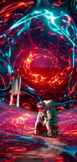 Futuristic artwork with an astronaut in a vibrant abstract space scene.