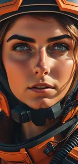 Futuristic astronaut portrait with orange gear.