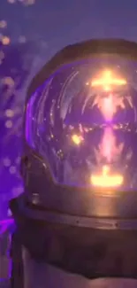 Futuristic astronaut helmet with vibrant reflection and purple hues.