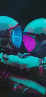 Futuristic astronaut couple embrace with glowing helmets in blue and pink hues.