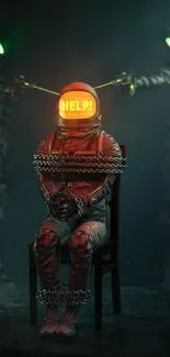 Chained astronaut with glowing helmet in sci-fi scene.