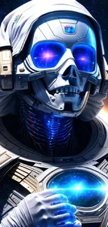 Futuristic skull astronaut in vibrant space scene.