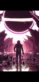 Astronaut under a giant planet in cosmic landscape.