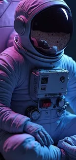 Astronaut sitting in a purple lit space suit, creating a cosmic vibe.