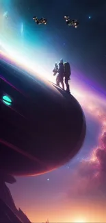 Astronaut standing on spaceship with cosmic backdrop and purple hues.