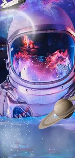 Astronaut in colorful space with planets and stars.