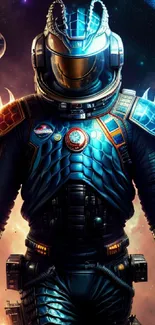 Futuristic astronaut in a vibrant galaxy background with colorful cosmic details.