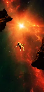 Astronaut floating in vivid red-orange nebula with asteroids.