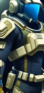 Futuristic astronaut suit with navy blue and white accents.