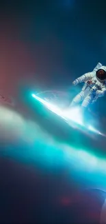 Astronaut surfing through colorful cosmic waves in a futuristic space scene.