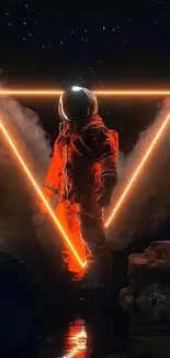 Astronaut with glowing orange neon triangle in cosmic background.