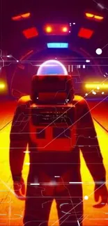 Silhouetted astronaut in vibrant neon tunnel.