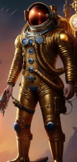 Futuristic astronaut in gold suit with celestial background.