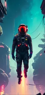 Astronaut floating amidst neon-lit futuristic structures.