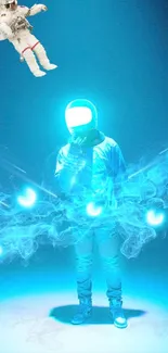 Futuristic astronaut glowing in a blue, cosmic-themed wallpaper.