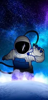 Astronaut reaching out in a galaxy-themed space background.