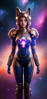 Futuristic astronaut in a vibrant galaxy background with cosmic elements.