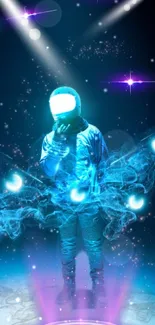 Futuristic neon blue astronaut with cosmic background.