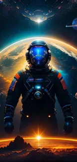 Futuristic astronaut in cosmic scenery with vibrant space background.