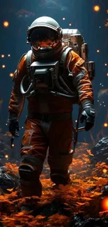 Futuristic astronaut in vibrant orange suit exploring space with glowing elements.