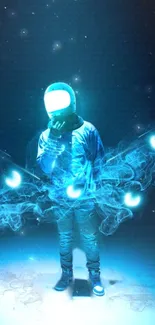 Futuristic neon blue astronaut with cosmic effects.