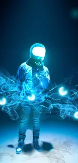 Futuristic astronaut with glowing blue energy on a mobile wallpaper.