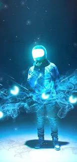 Futuristic astronaut with glowing blue light effects.