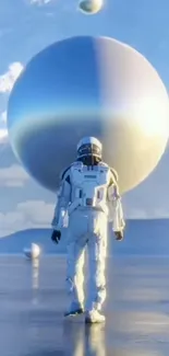 Astronaut standing in a futuristic space setting with large spheres.