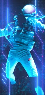 Neon-lit astronaut floating in space with a futuristic design.