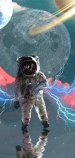 Astronaut with planets and electric sparks in a cosmic scene.