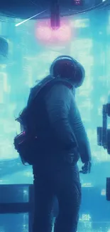 Astronaut in a futuristic, neon-lit cityscape.