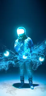 Futuristic astronaut surrounded by glowing blue orbs on a dark background.