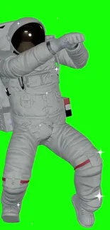 Vibrant neon green background with a dancing astronaut in a spacesuit.