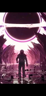 Lone astronaut in vibrant purple alien landscape.