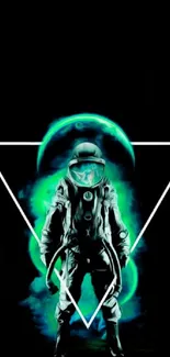 Futuristic astronaut with neon green halo.