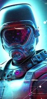 Futuristic astronaut in neon glow with cosmic background.